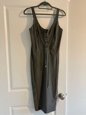 Sleek Olive Green Lace-Up Midi Dress - Women's
